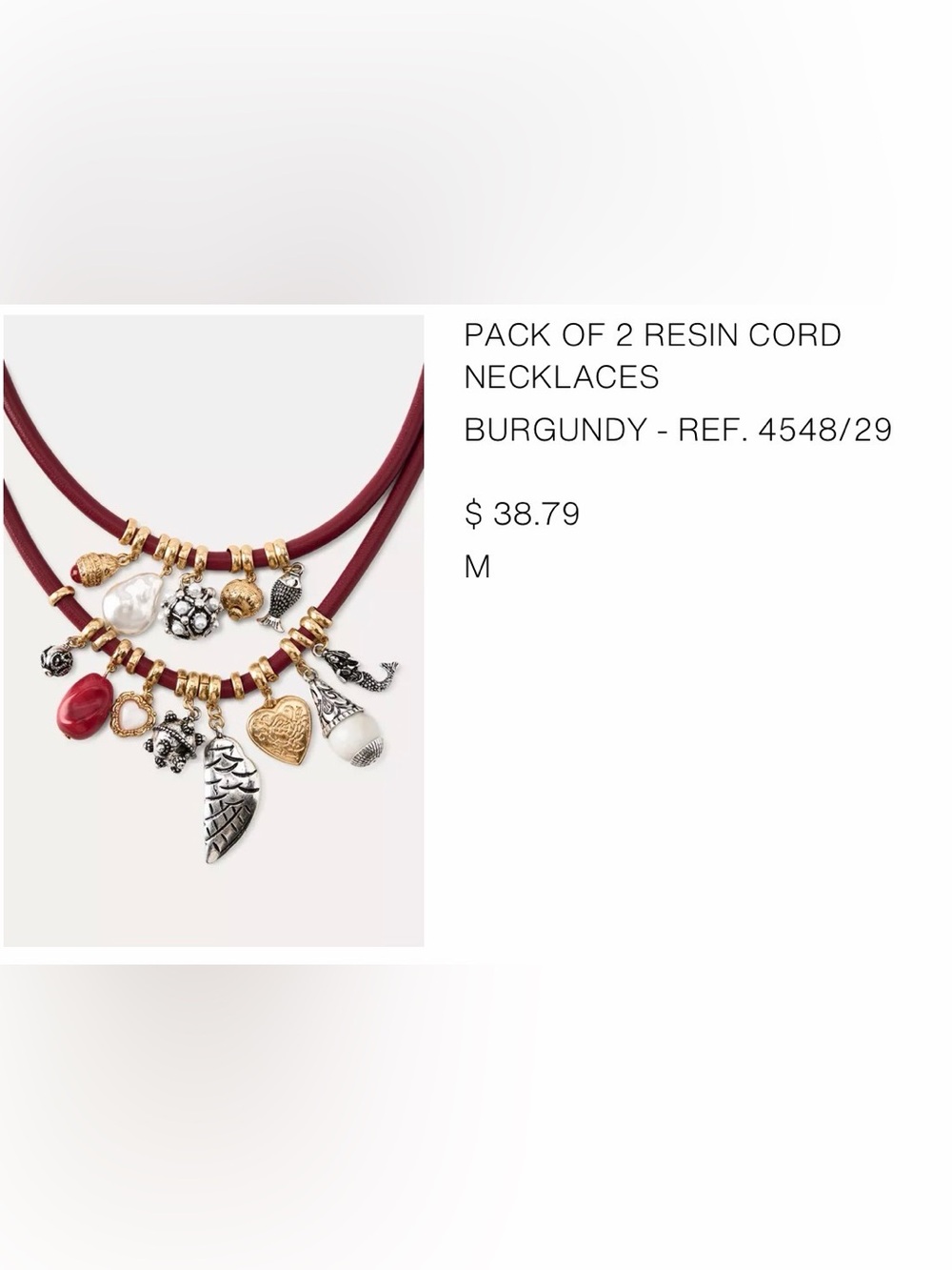 NWOT Zara Burgundy Resin Cord Charm Necklace - Pack of 2